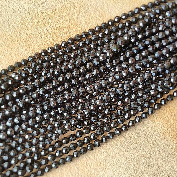 Tourmaline Black Faceted Round Beads - 4mm