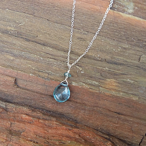 Blue Quartz and Zircon Drop Pendant Necklace - Rubarb Jewelry