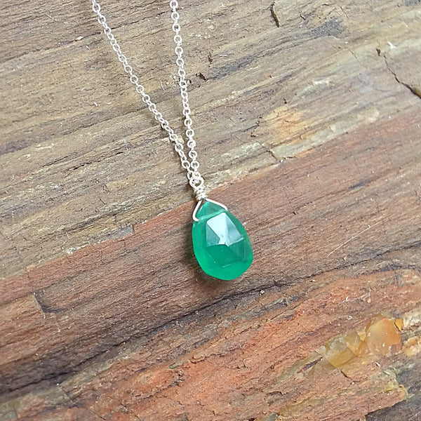 Green Chalcedony Drop Pendant Necklace- Rubarb Jewelry